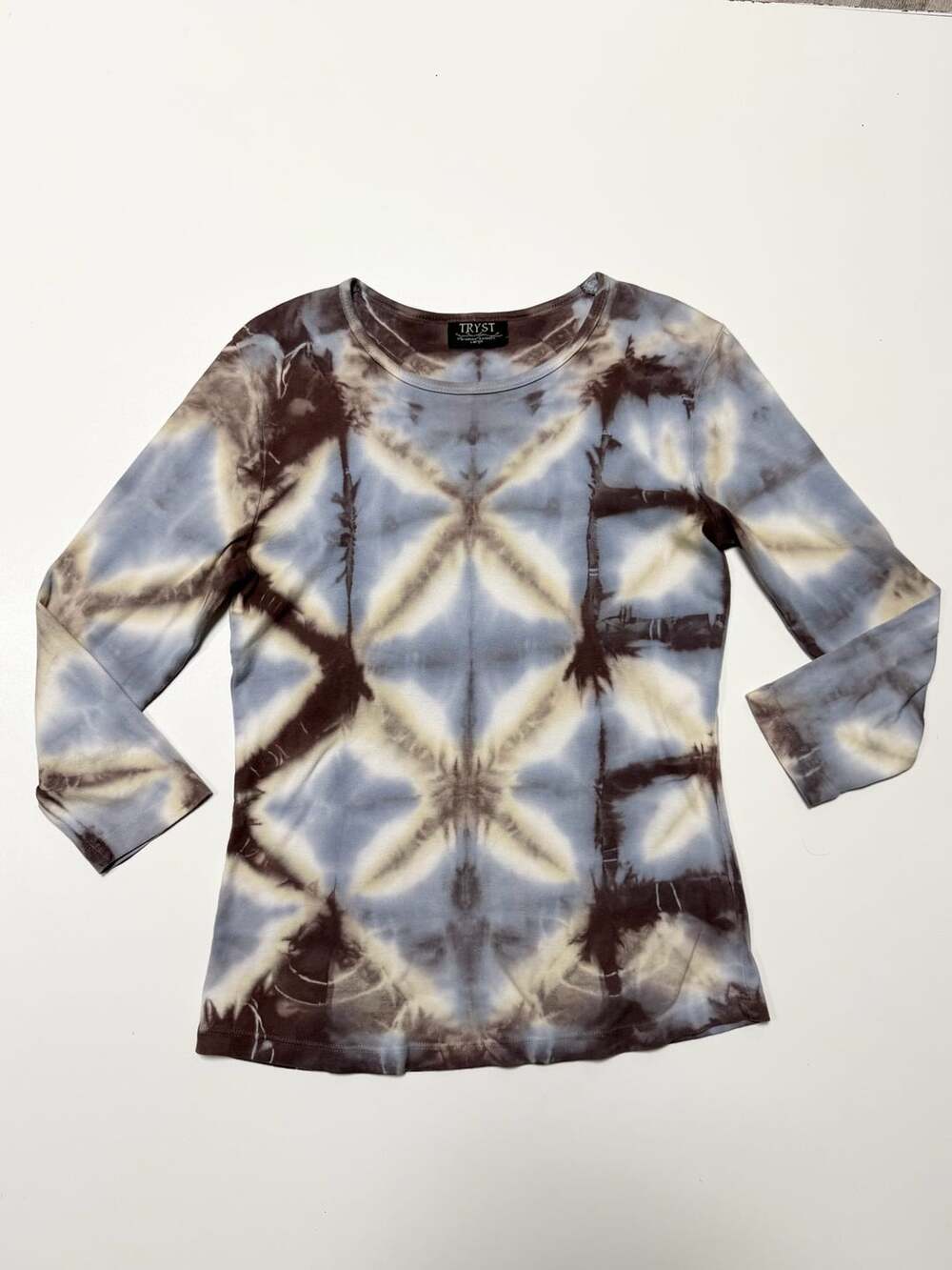 Tryst by Mathew Women's Large Blue Cocoa Shibori Tie Dye 3/4 Sleeve Ribbed Cotto